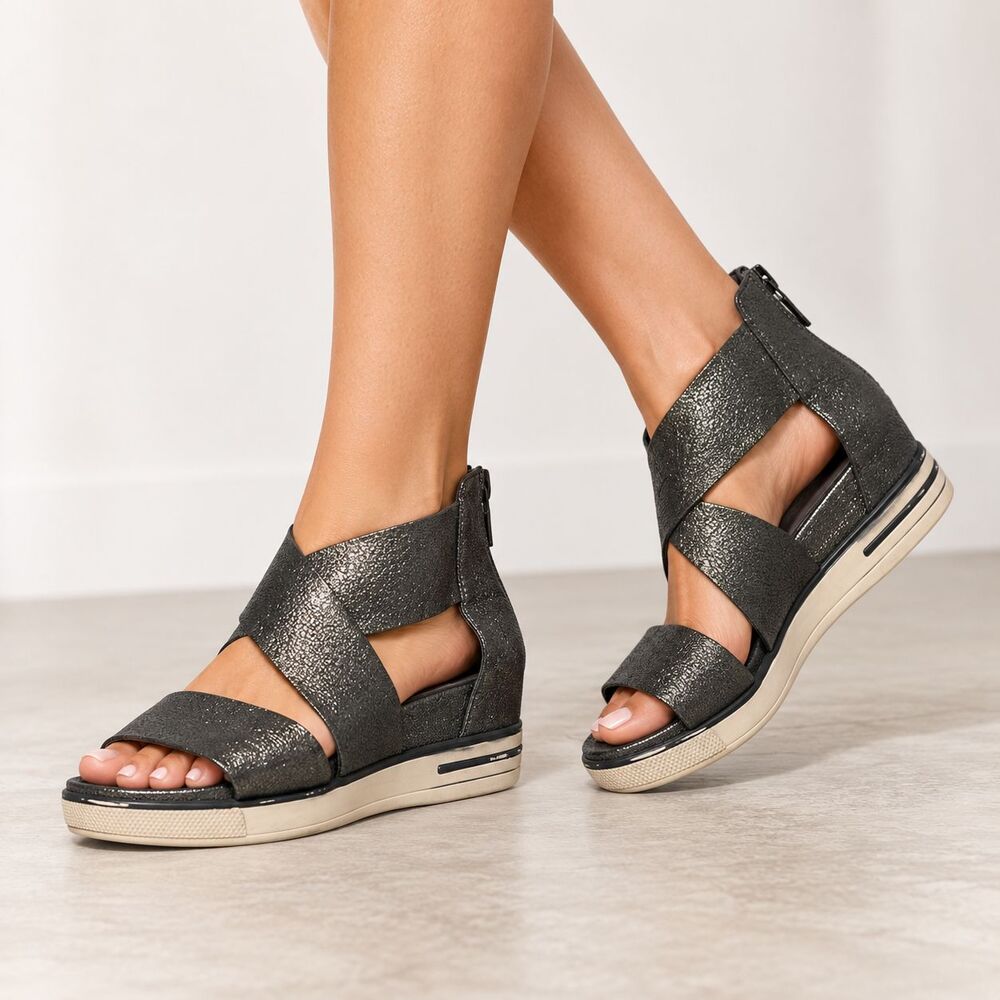 Eileen Fisher Sport Sneaker Sandals 7 Green Metallic Leather Platform Zip